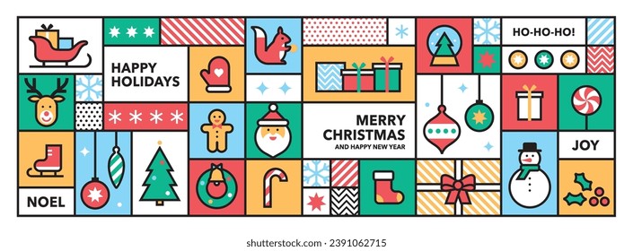 Merry Christmas and New Year poster.Winter holidays.Seasons greetings.Abstract modern geometric background.Set of icons in flat minimalist style.Vector illustration for card, packaging and web banner.