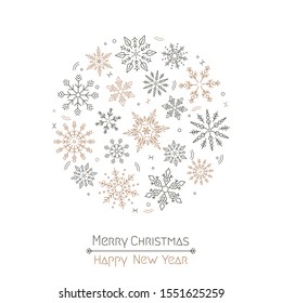 Merry Christmas and New Year quote with Christmas snowflakes wreath in a circle on a white background. Design element for greeting cards for banners, invitations and flyers. Xmas concept. vector 
