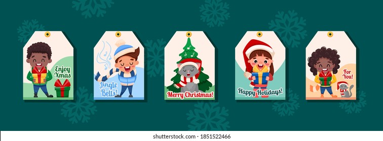 Merry Christmas and New Year ready to use gift label tags with cute cartoon children characters, cat and fir tree. Vector flat illustration
