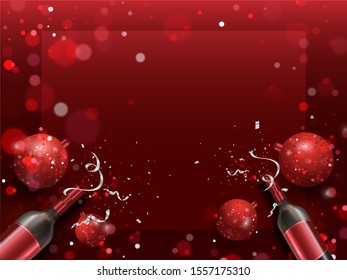Merry Christmas or New Year Red Party Background with Champagne Bottles, Christmas Balls and Confetti with Text Space. 