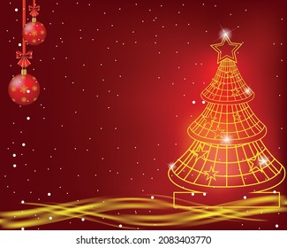 merry christmas and new year, red background with golden shiny tree and christmas balls. christmas background illustration