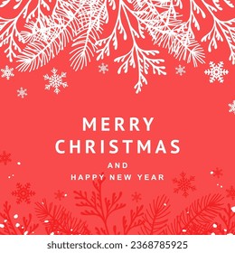 Merry Christmas and New Year red background with fir branches and snow. Winter vector illustration for greeting card, social media post, poster, mobile app, banner and online advertising