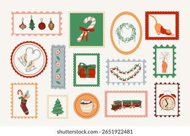 Merry Christmas and New Year retro post stamps sticker set Collection cute vintage illustrations with winter holiday items