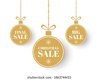 Merry Christmas and New Year sale balls. Christmas labels. Golden xmas balls with big, final sale. Special offer winter tag. Holiday price design elements. Circle banner with bow. Vector illustration.