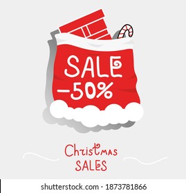 Merry Christmas or New Year sale vector design, red Santa bag with gift and candycane, hand drawn creative seasonal discount with price for business and marketing, abstract sale banner. Eps 10 vector