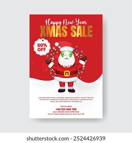 Merry Christmas and new year sale promotion vertical print flyer or poster vector template, Christmas invitation leaflet and brochure design  with 3d Santa Claus an snowman illustration
