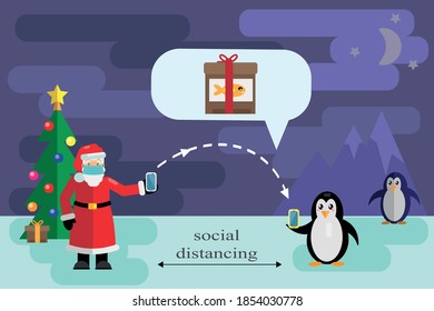 Merry Christmas and New Year | Santa Claus protective face mask and penguins | Social distancing safe covid