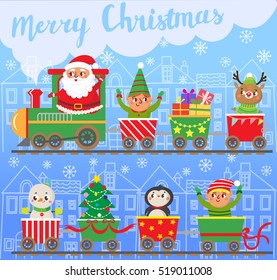 Merry Christmas and New year. Santa Claus  on train with gifts. Snowman, elf, penguin. Greeting card. Vector illustration