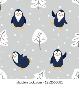 Merry Christmas New Year seamless pattern with cute cartoon penguins pine tree and snow. Vector flat illustration.