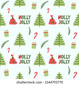Merry Christmas and New Year seamless pattern with Holly Jolly hand lettering sign, Christmas tree, gift box. Winter decorative hand drawn wallpaper design.