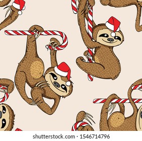 Merry Christmas and New Year seamless wallpaper pattern. Funny Sloths in a Santas hat on a lollipop. Textile composition, hand drawn style print. Vector illustration.