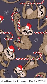 Merry Christmas and New Year seamless wallpaper pattern. Funny Sloths in a Santas hat on a lollipop. Textile composition, hand drawn style print. Vector illustration.
