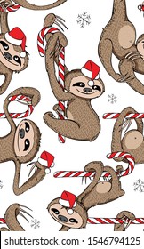 Merry Christmas and New Year seamless wallpaper pattern. Funny Sloths in a Santas hat on a lollipop. Textile composition, hand drawn style print. Vector illustration.
