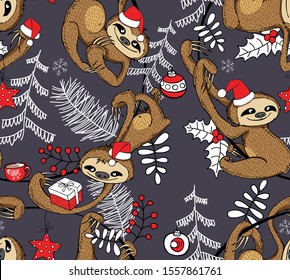 Merry Christmas and New Year seamless wallpaper pattern. Funny Sloths in a Santa's hat and fir tree, snowflakes, holly. Garland, Wreath. Textile composition, hand drawn style. Vector illustration.