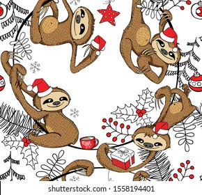 Merry Christmas and New Year seamless wallpaper pattern. Funny Sloths in a Santa's hat and fir tree, snowflakes, holly. Garland, Wreath. Textile composition, hand drawn style. Vector illustration.