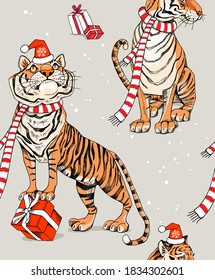 Merry Christmas and New year seamless pattern. Cute Tiger in the red scarf, Santa's hat and with the gifts. Textile composition, hand drawn style print. Vector illustration.