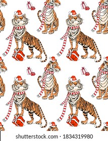 Merry Christmas and New year seamless pattern. Cute Tiger in the red scarf, Santa's hat and with the gifts. Textile composition, hand drawn style print. Vector illustration.