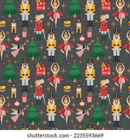 Merry Christmas, New Year seamless pattern on dark with Ballerina, Mouse King and Nutcracker. Christmas card with three and toys