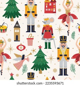 Merry Christmas, New Year seamless pattern set with Ballerina, Mouse King and Nutcracker. Christmas card with three and toys