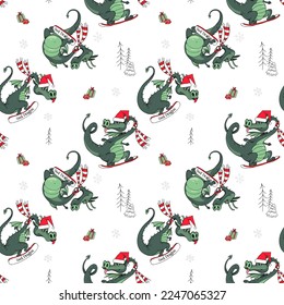 Merry Christmas and New year seamless pattern. Dragon rides a snowboard with gifts. Сartoon character. Hand drawn style print. Vector illustration.