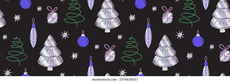 Merry Christmas and New year seamless pattern. Holographic flat illustration. Elements of New Years party gifts, Christmas tree toys, sparklers. Vector flat illustration. Merry Christmas backgrounds.