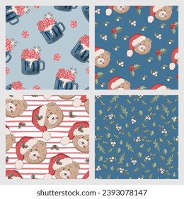 Merry Christmas and New Year seamless patterns with bear in Santa hat, mug with winter holidays hot drink and mistletoe. Vector illustrations set.