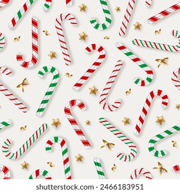 Merry Christmas New Year seamless pattern, candy cane sticks, golden stars and confetti. Vector illustration. Xmas gift card wallpaper