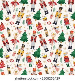 Merry Christmas, New Year seamless pattern set with Ballerina, Mouse King and Nutcracker. Christmas print with three and toys