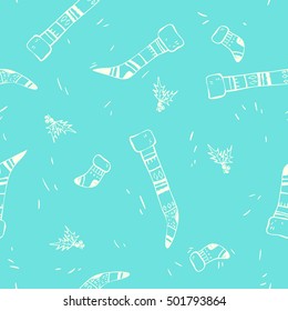 Merry Christmas. New year seamless pattern. Hand drawn illustration with socks and holly leaves