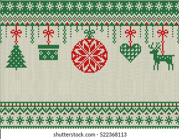 Merry Christmas and New Year seamless knitted pattern with Christmas balls, snowflakes and fir. Scandinavian style. Winter Holiday Sweater Design. Vector Illustration