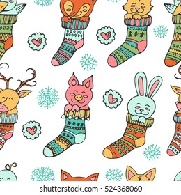 Merry Christmas and New Year seamless pattern with cute socks and animals. Background for holidays. Hand drawn vector illustration for poster, print on clothes.