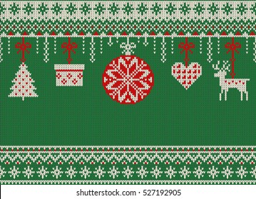 Merry Christmas and New Year seamless knitted pattern with Christmas balls, snowflakes and fir. Scandinavian style. Winter Holiday Sweater Design. Vector Illustration