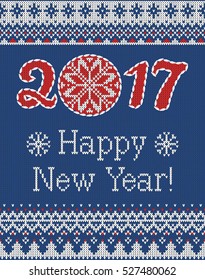 Merry Christmas and New Year seamless knitted pattern with Christmas balls, snowflakes and fir. Scandinavian style. Winter Holiday Sweater Design. Vector Illustration