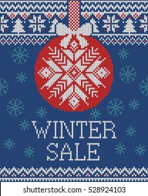 Merry Christmas and New Year seamless knitted pattern with Christmas balls, snowflakes and fir. Scandinavian style. Winter Holiday Sweater Design. Vector Illustration