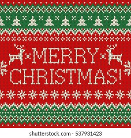 Merry Christmas and New Year seamless knitted pattern with lettering MERRY CHRISTMAS, deer, snowflakes and fir. Scandinavian style. Winter Holiday Sweater Design. Vector Illustration