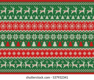 Merry Christmas and New Year seamless knitted pattern with Christmas balls, snowflakes and fir. Scandinavian style. Winter Holiday Sweater Design. Vector Illustration