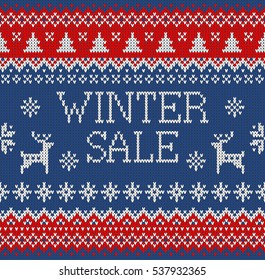 Merry Christmas and New Year seamless knitted pattern with lettering WINTER SALE, deer, snowflakes and fir. Scandinavian style. Winter Holiday Sweater Design. Vector Illustration