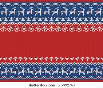 Merry Christmas and New Year seamless knitted pattern with Christmas balls, snowflakes and fir. Scandinavian style. Winter Holiday Sweater Design. Vector Illustration