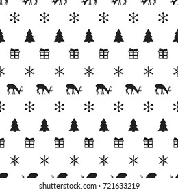 Merry Christmas New Year seamless pattern with snowflakes christmas tree deer. Holiday trendy background. Xmas winter decoration. Festive texture. Hand drawn illustration. Wrapping gift paper.