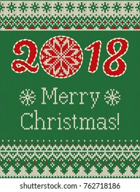 Merry Christmas and New Year seamless knitted pattern with Christmas balls, snowflakes and fir. Scandinavian style. Winter Holiday Sweater Design. Vector Illustration.