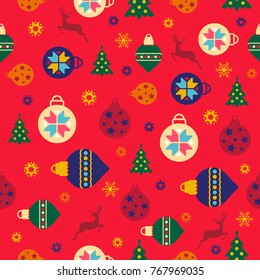 Merry Christmas and New Year seamless pattern on a red background with festive balloons, deers, Christmas tree, snowflakes, ornaments. Vector illustration for posters, brochures, invitation, postcard.