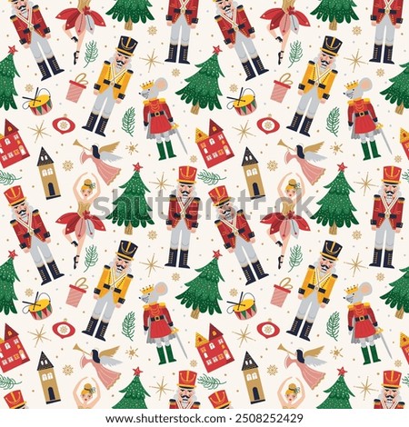 Merry Christmas, New Year seamless pattern set with Ballerina, Mouse King and Nutcracker. Christmas print with three and toys