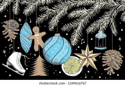 Merry Christmas and New Year set. Christmas Doodle collection.