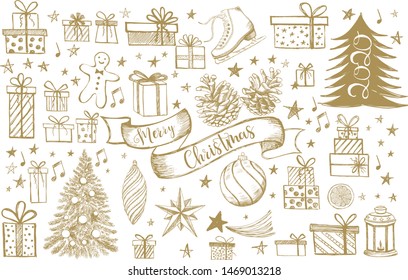 Merry Christmas and New Year set. Hand drawn illustration. Christmas Doodle collection.
