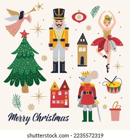 Merry Christmas, New Year set with Ballerina, Mouse King and Nutcracker. Christmas card with three and toys