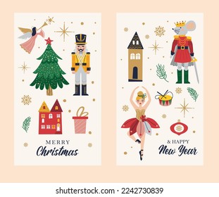 Merry Christmas, New Year set with Nutcracke, Ballerina, Mouse King. Christmas card with three and toys.