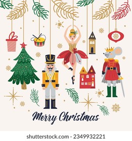 Merry Christmas, New Year set with Ballerina, Mouse King and Nutcracker. Christmas card three and toys