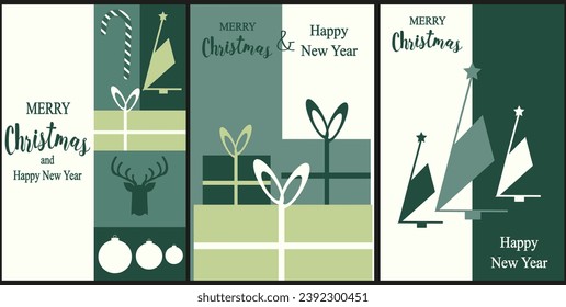 Merry Christmas and New Year set greeting cards, posters, holiday  backgrounds cover. Xmas templates with typography in modern minimalist geometric style for web site, social media, print