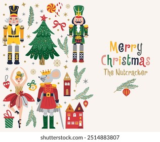 Merry Christmas, New Year set with Ballerina, Mouse King and Nutcracker. Christmas card three and toys