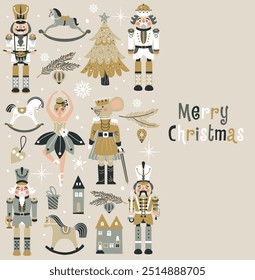 Merry Christmas, New Year set with Ballerina, Mouse King and Nutcracker. Christmas card three and toys
